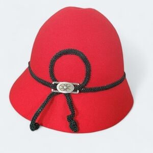 Vintage Red Wool German Girls Hat Cloche Size 51 CM